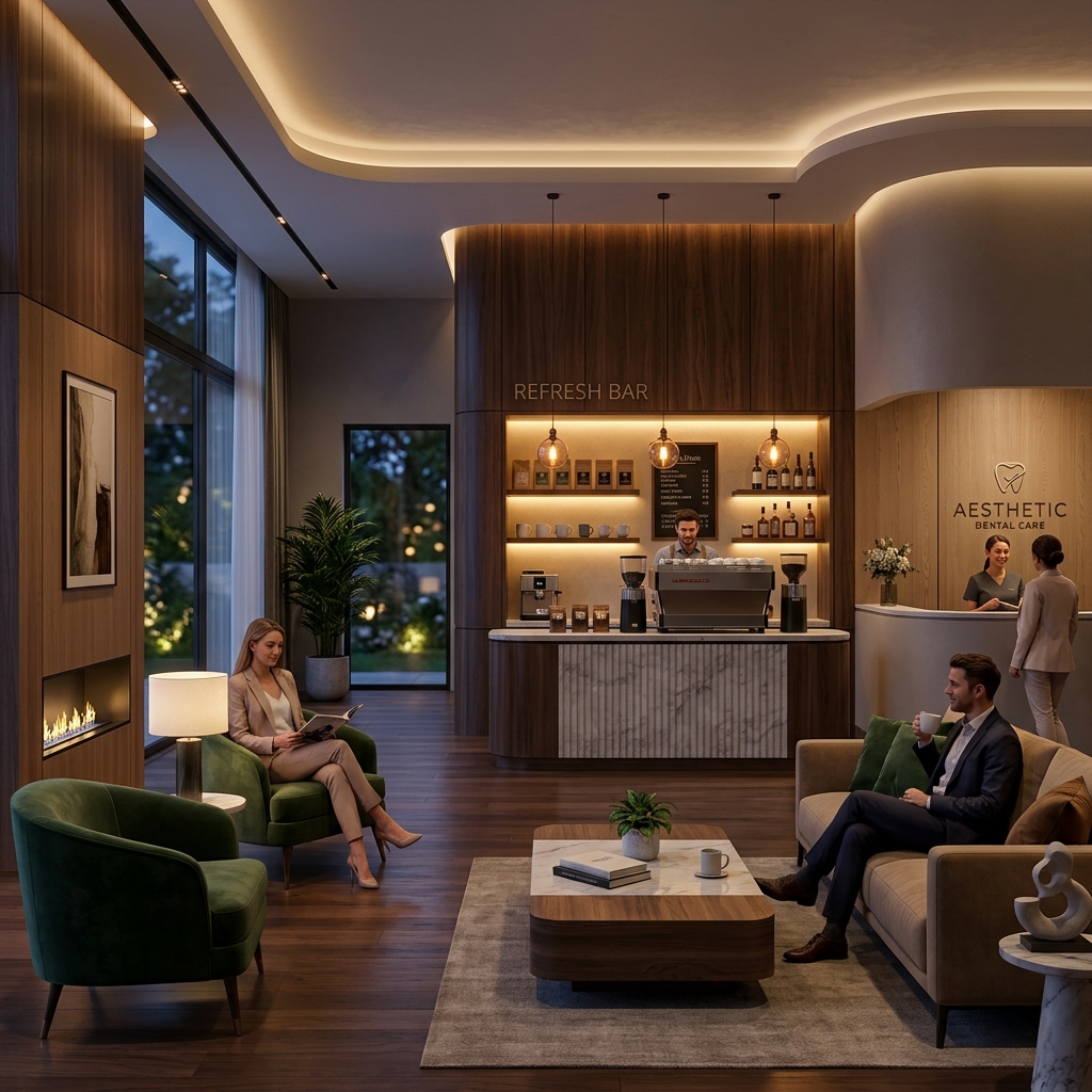 Cozy dental clinic waiting room coffee bar